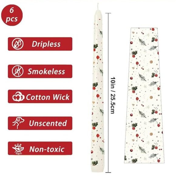 6 Pack 10" Holiday Printed Taper Candle Set - Picture 2 of 2